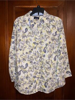 Basic Editions Navy and Yellow Floral Paisley Button-Up Blouse